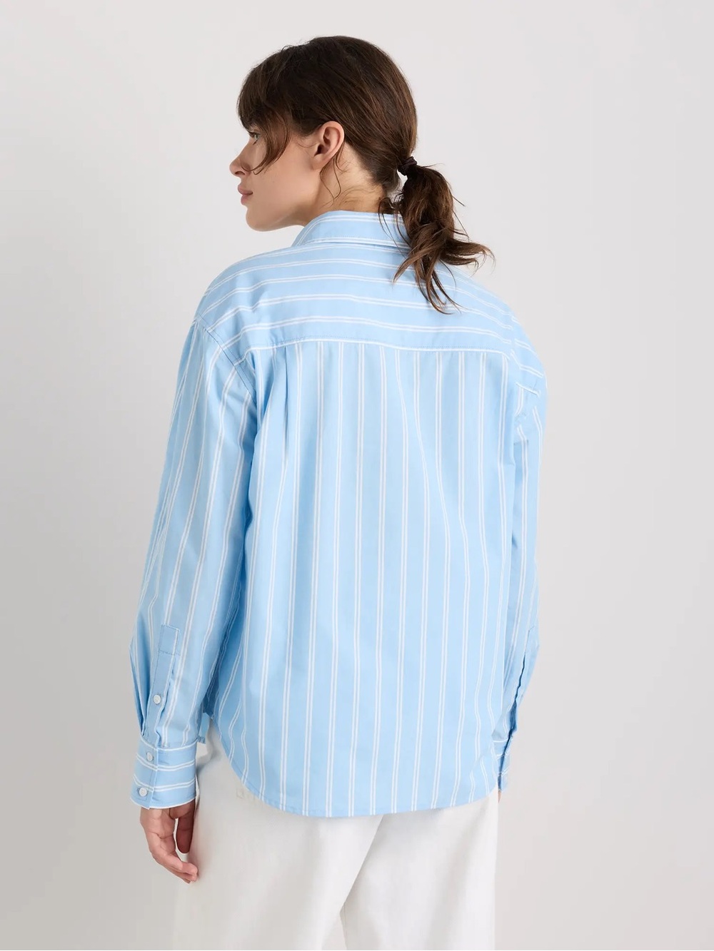 New Quince Cotton Poplin Long Sleeve Boyfriend Shirt Delta Blue Double Stripe